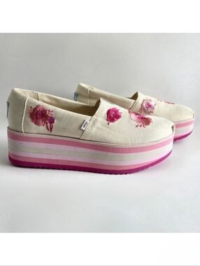 Toms Embroidered Floral On Canvas Platform Slip-On Shoes, Pink & Cream, Size 8.5